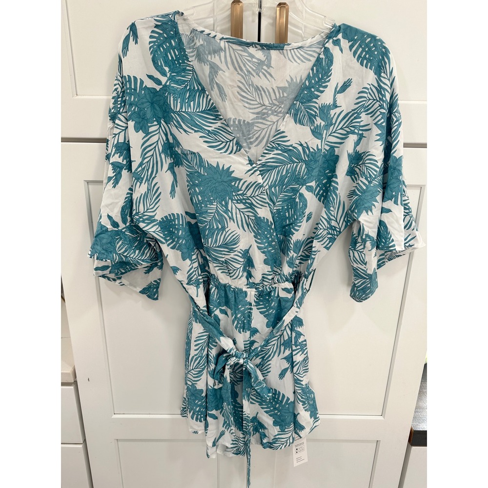 Cupshe Teal White Tropical Palm Leaf Print Romper V-Neck Belted Size M NWT